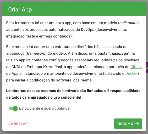 Disclaimer de criação de app