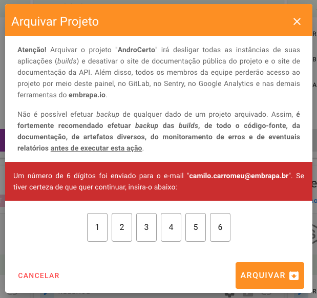 PIN de confirmação para arquivar o projeto