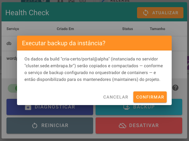 Executando o processo de backup de instância