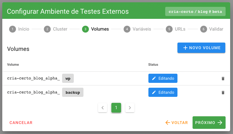 Volumes pré-configurados a partir das variáveis de ambiente