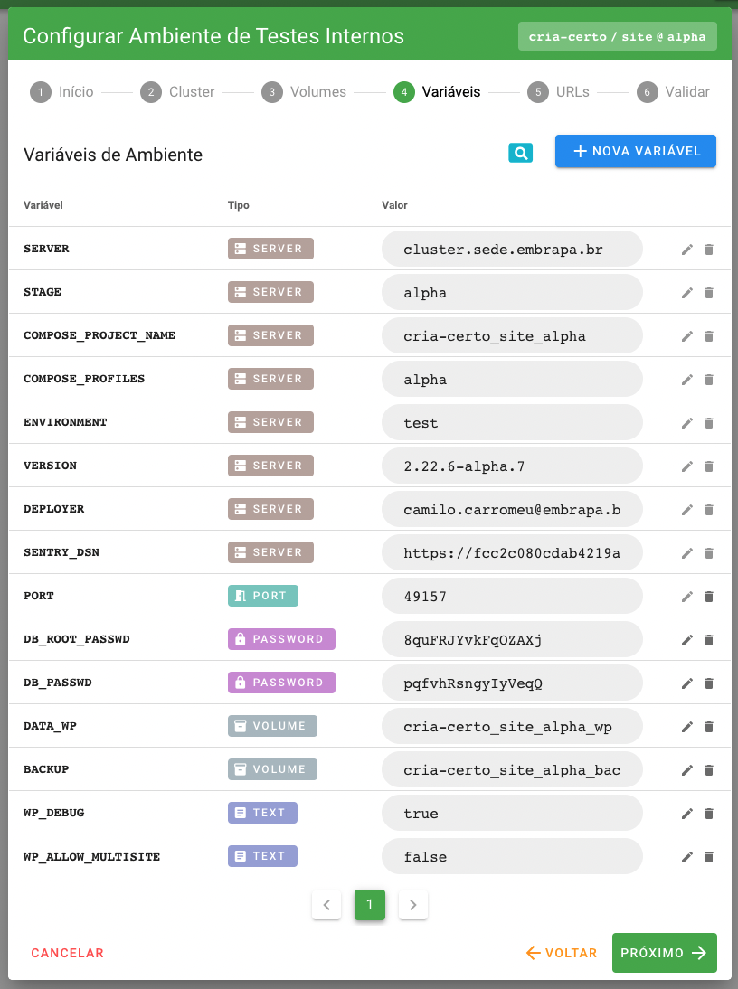 Lista de variáveis pré-carregadas com base nos metadados