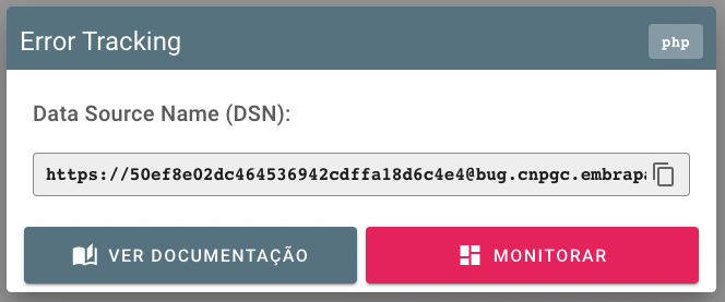 Dialog com menu de contexto do error tracking