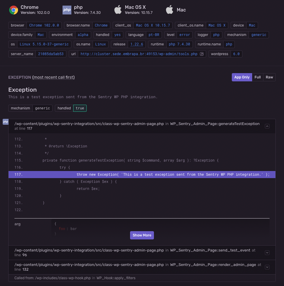 Detalhes de um erro no ambiente de error tracking