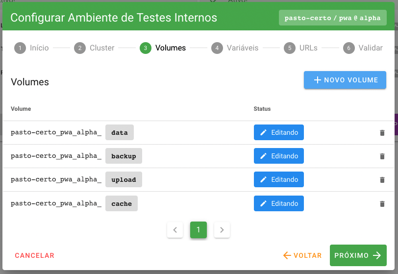 Configuração dos volumes da build