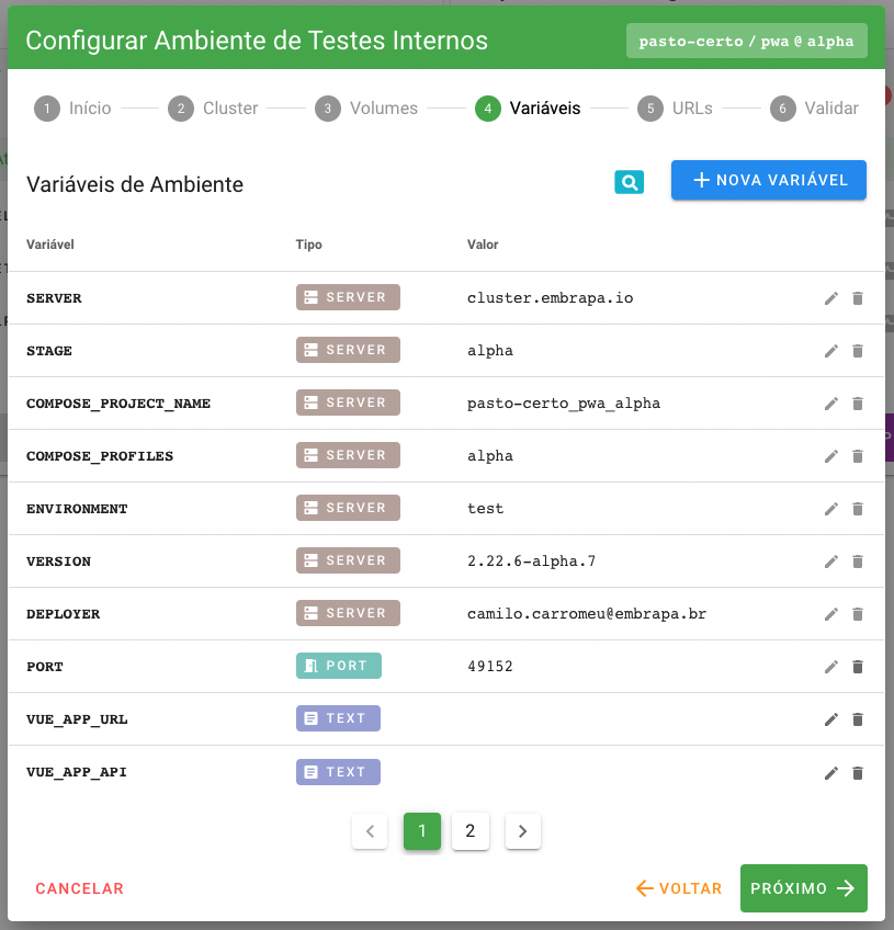 Lista de variáveis de ambiente da build