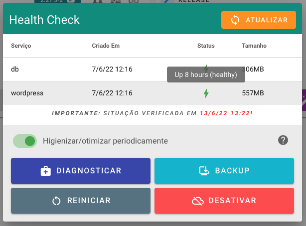 Dialog de monitoramento e gestão da instância