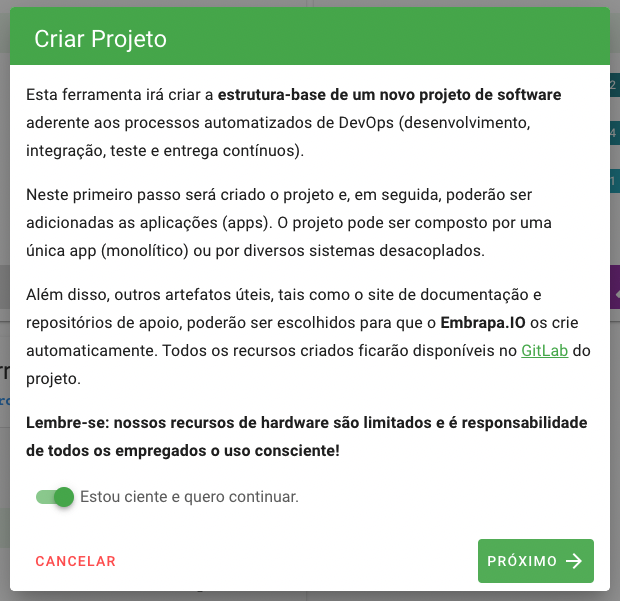 Tela de aviso da criação de projetos