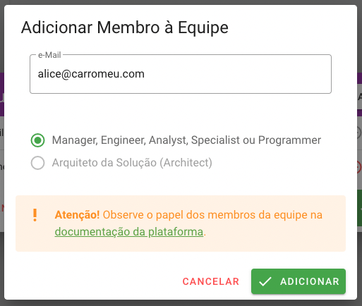 Adicionando um usuário externo à equipe do projeto